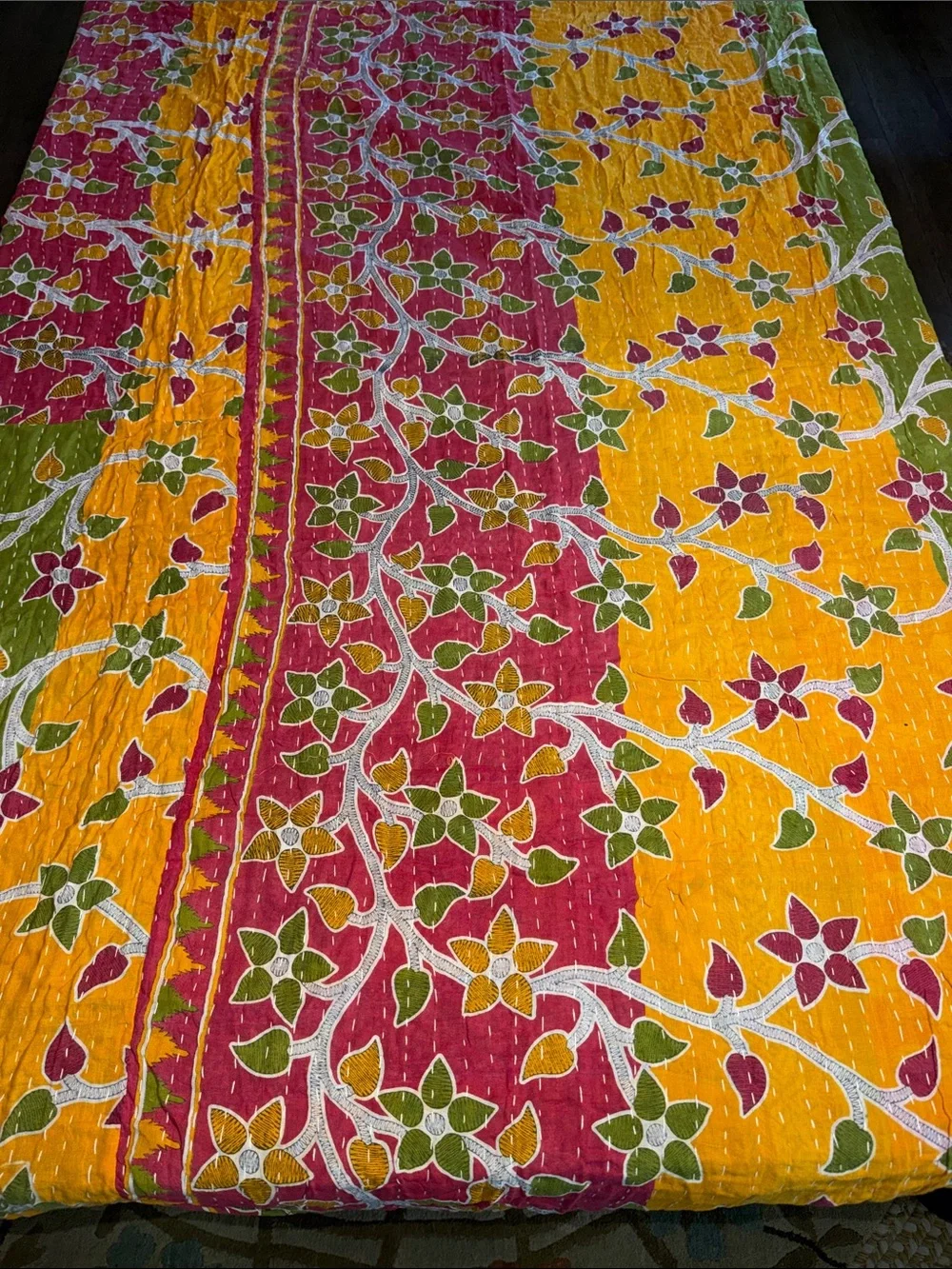 Handcrafted Floral Kantha Quilt - Yellow & Pink